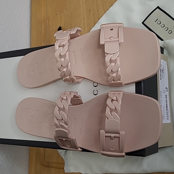GUCCI Rubber Chain-strap Slide Sandals PINK 37 NEW - Picture 2 of 14